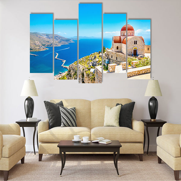 Amazing view on remote church with red roofing Multi Panel Canvas Wall Art
