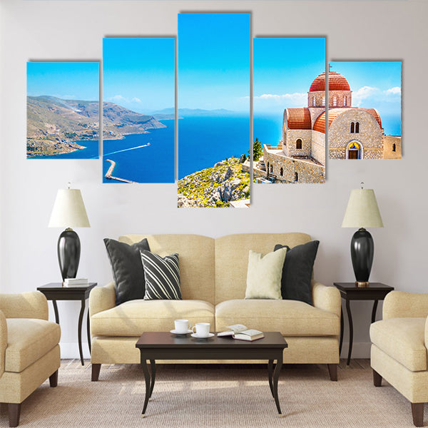Amazing view on remote church with red roofing Multi Panel Canvas Wall Art