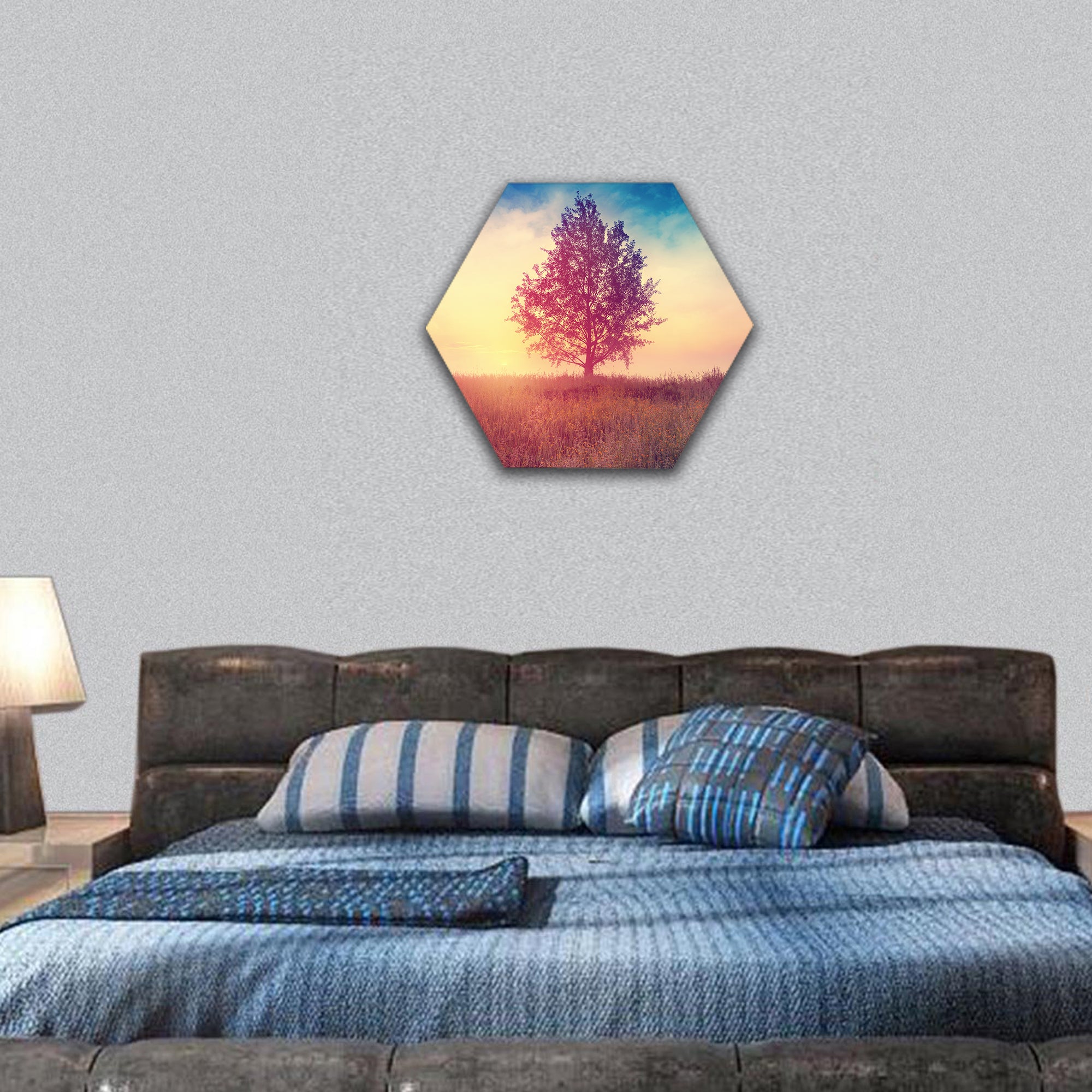 Landscape with tree over sunrise hexagonal canvas wall art