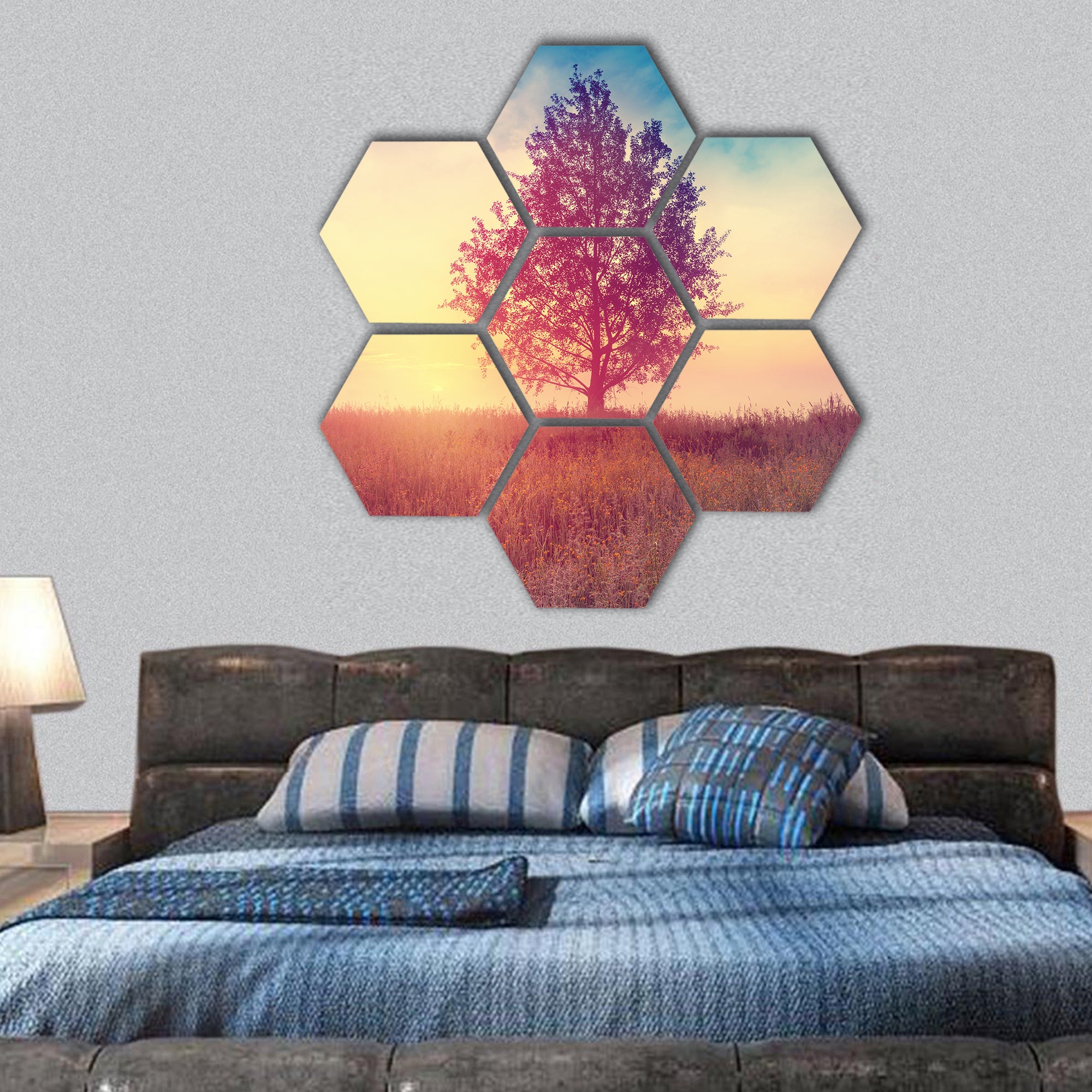 Landscape with tree over sunrise hexagonal canvas wall art