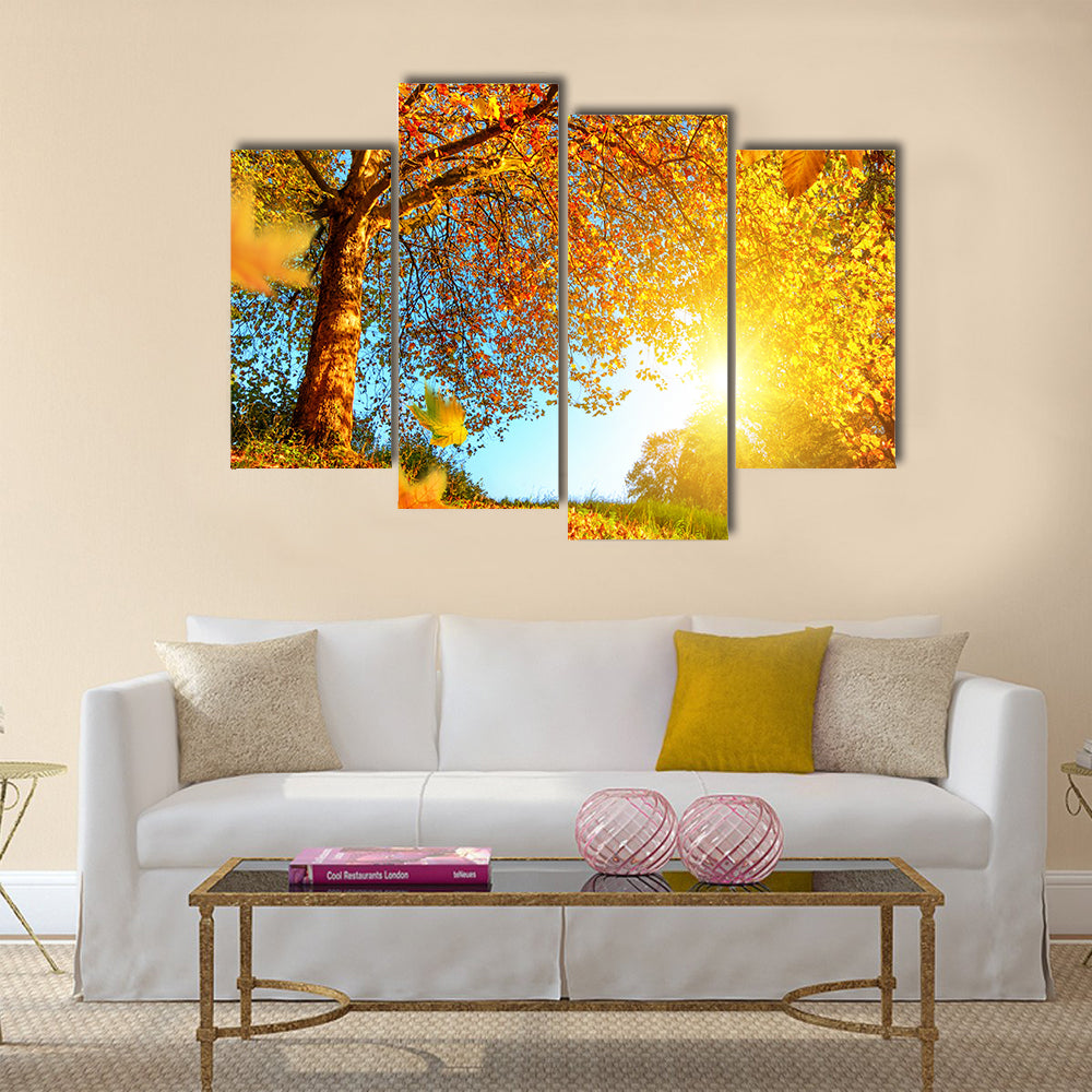 Golden autumn scenery with a nice tree Multi panel canvas wall art