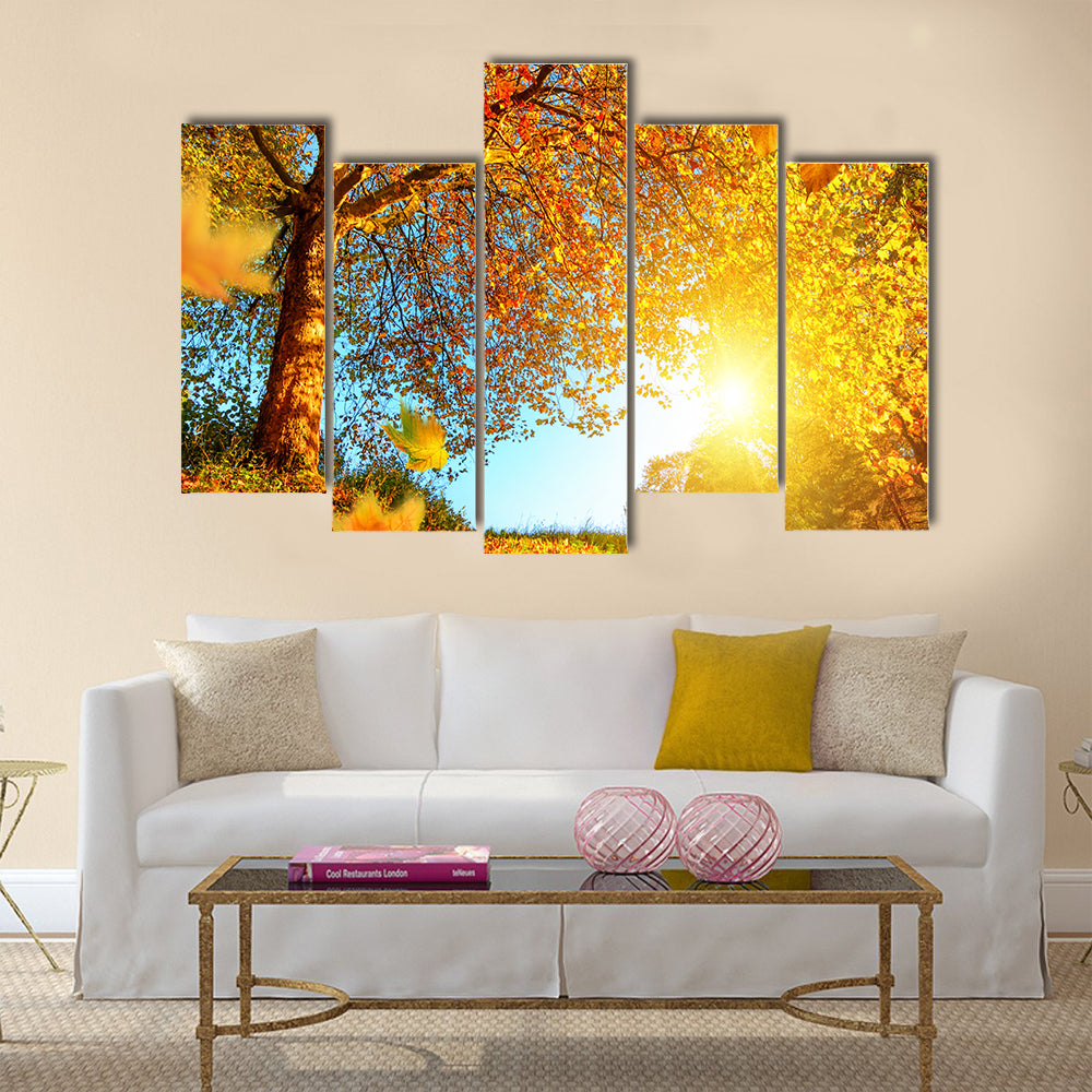 Golden autumn scenery with a nice tree Multi panel canvas wall art