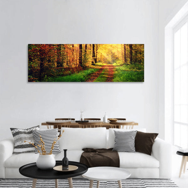 Autumn forest scenery with rays of sun light panoramic canvas wall art