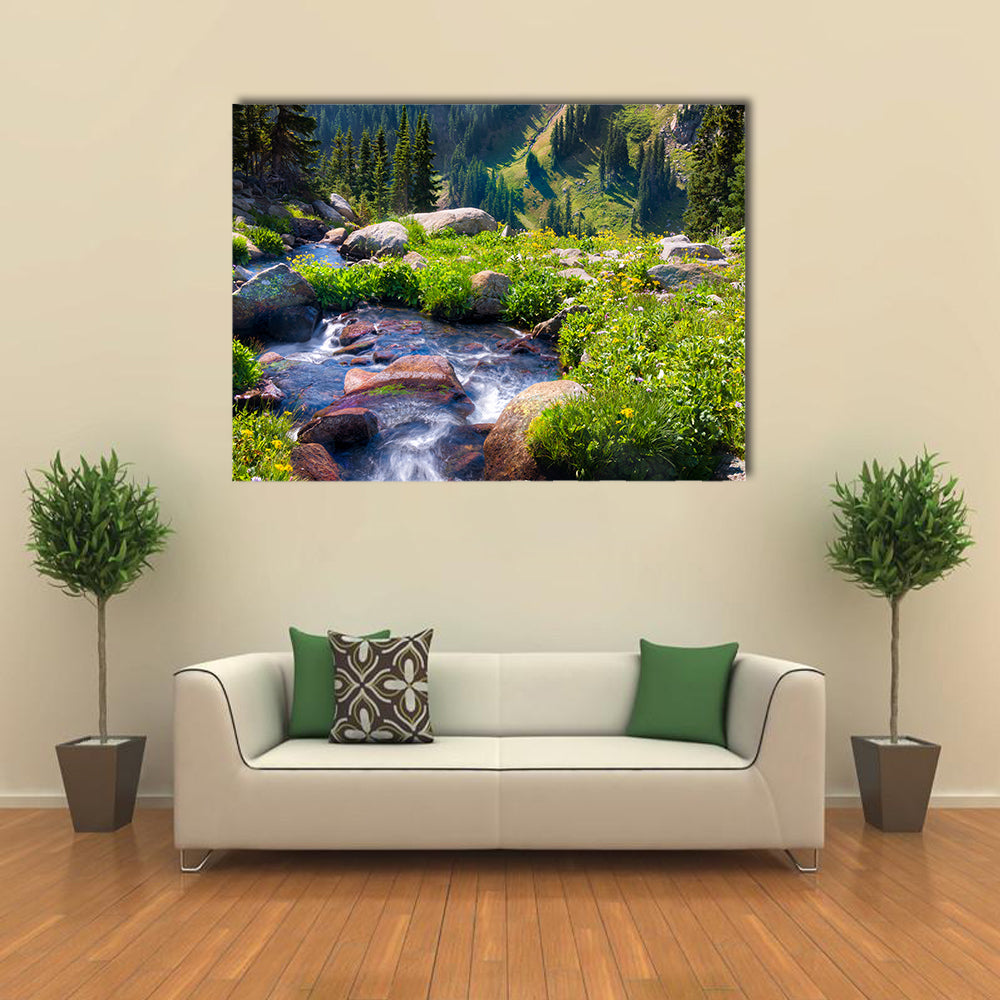 South Fork of Boulder Creek on a sunny summer day with yellow wildflowers in full bloom multi panel canvas wall art