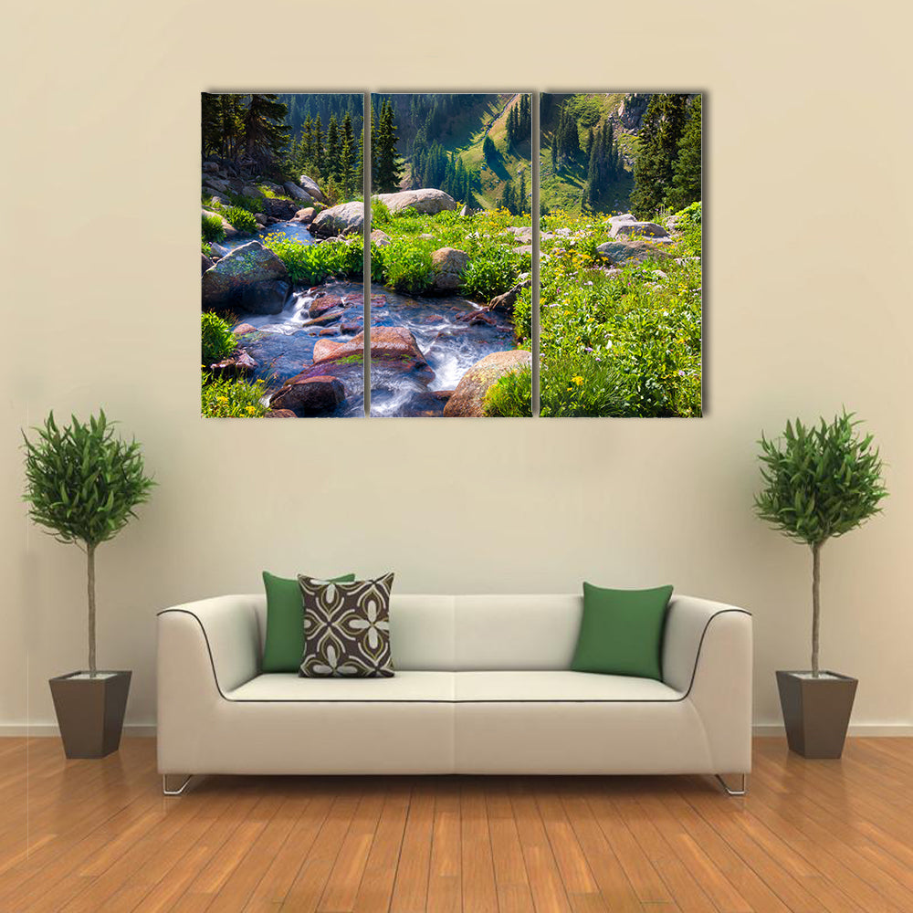 South Fork of Boulder Creek on a sunny summer day with yellow wildflowers in full bloom multi panel canvas wall art