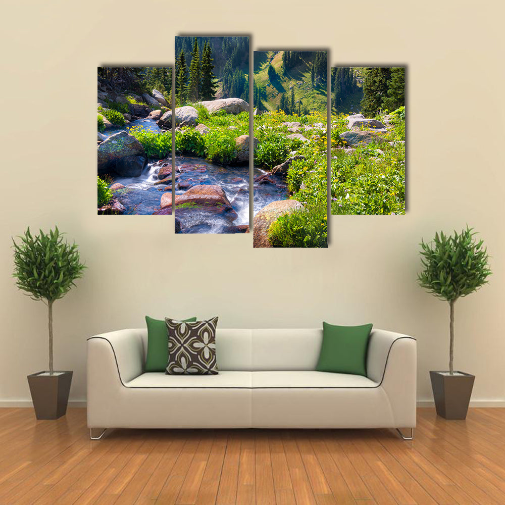 South Fork of Boulder Creek on a sunny summer day with yellow wildflowers in full bloom multi panel canvas wall art