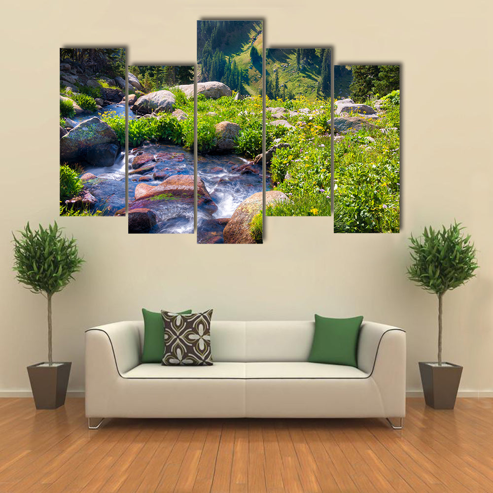 South Fork of Boulder Creek on a sunny summer day with yellow wildflowers in full bloom multi panel canvas wall art