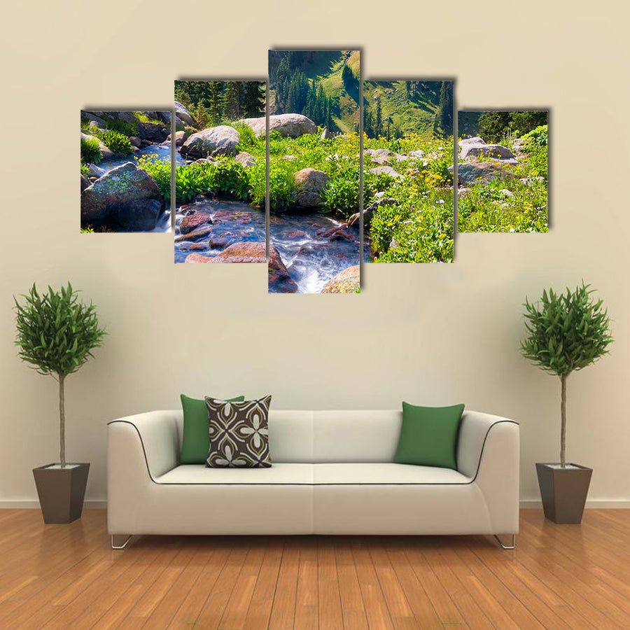 South Fork of Boulder Creek on a sunny summer day with yellow wildflowers in full bloom multi panel canvas wall art