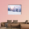 Snow covered trees in the mountains at sunset. Beautiful winter landscape wall art