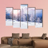 Snow covered trees in the mountains at sunset. Beautiful winter landscape wall art