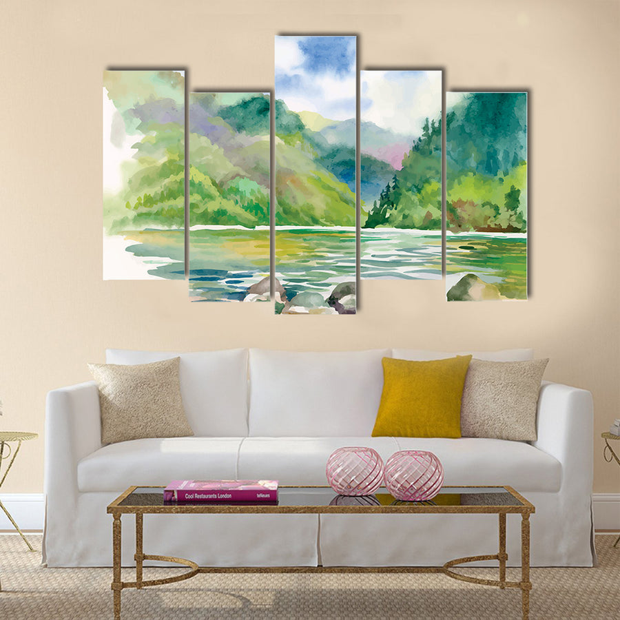 Watercolor summer river landscape vector Multi Panel Canvas Wall Art