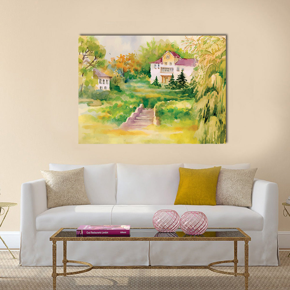 Watercolor painting of house in woods illustration multi panel canvas wall art