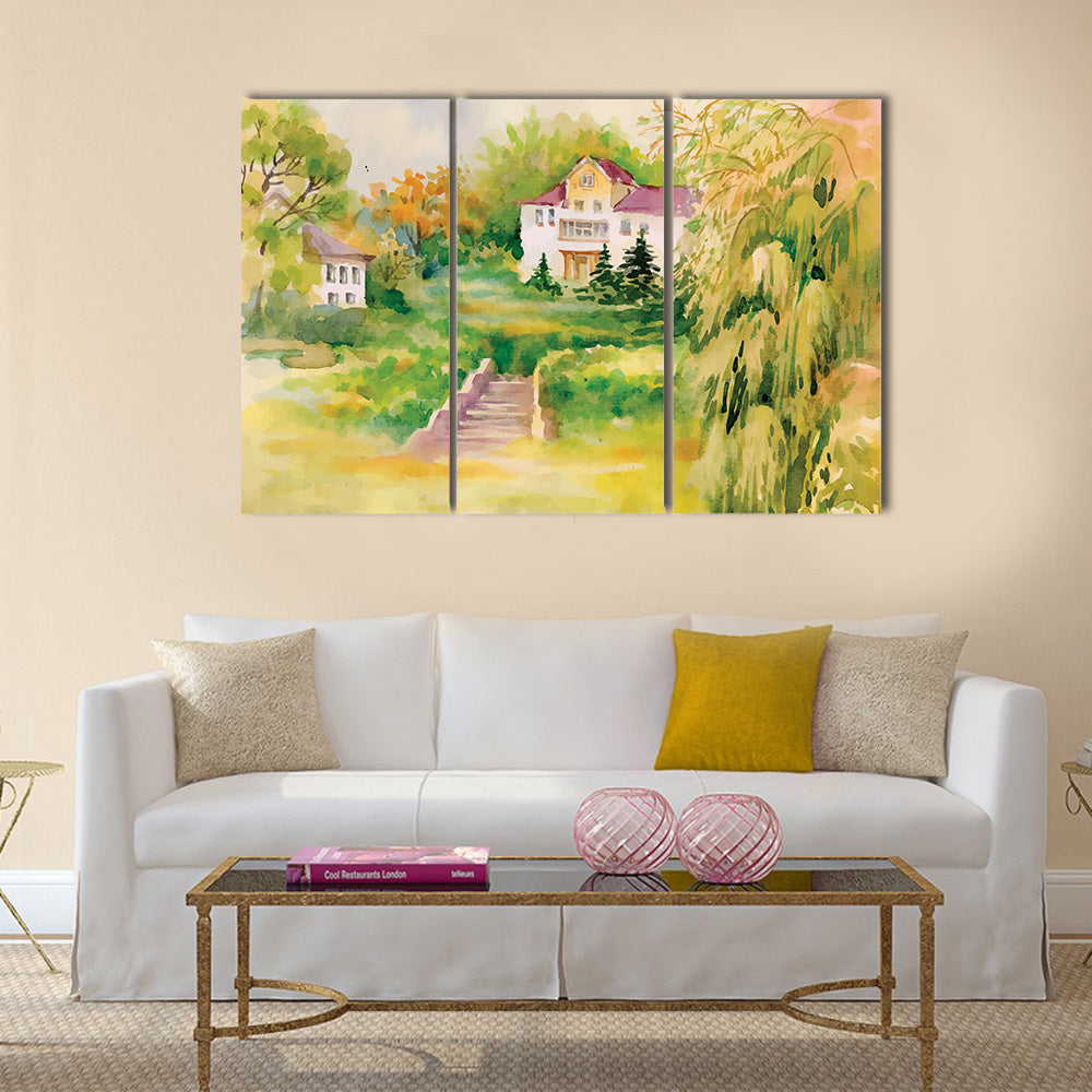 Watercolor painting of house in woods illustration multi panel canvas wall art