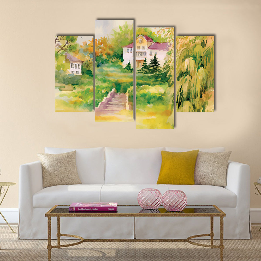 Watercolor painting of house in woods illustration multi panel canvas wall art