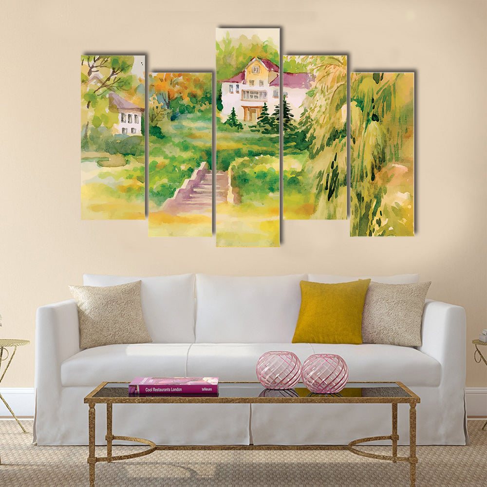 Watercolor painting of house in woods illustration multi panel canvas wall art