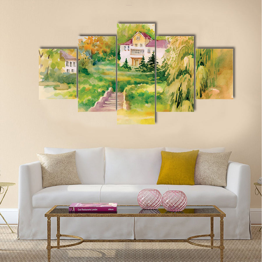 Watercolor painting of house in woods illustration multi panel canvas wall art