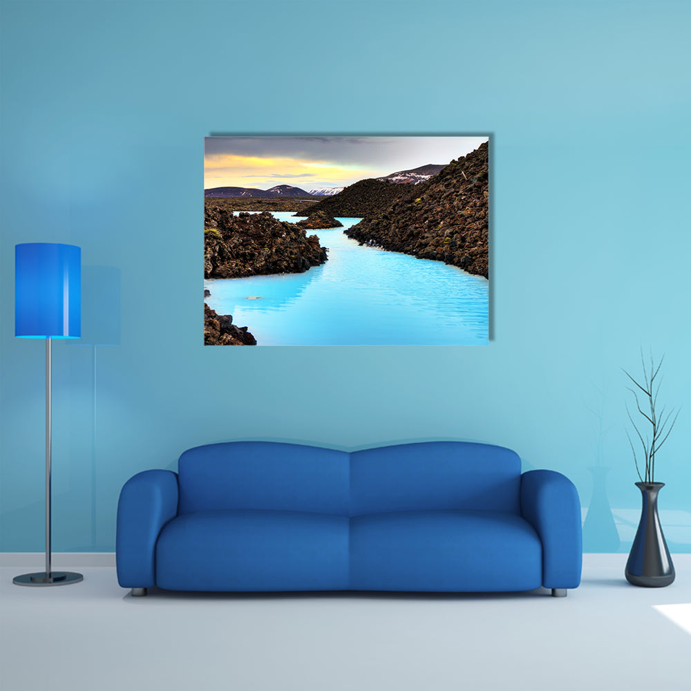 A Blue lagoon waters in the lava field landscape of Iceland in winter, HDR multi panel canvas wall art