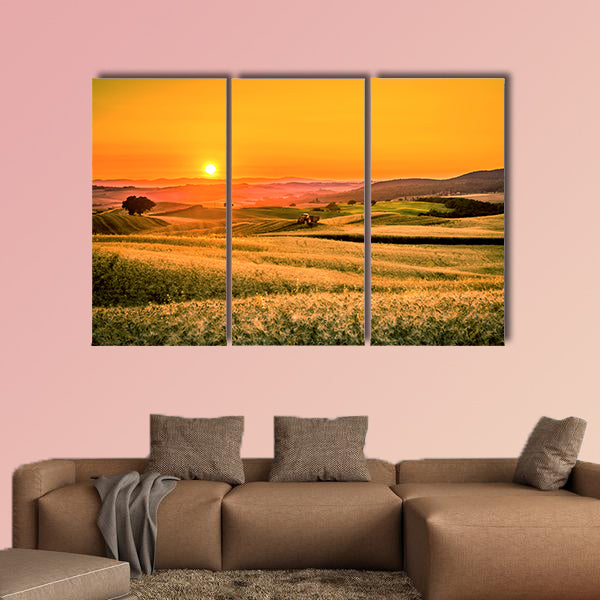 Golden sunset over Tuscan fields in Italy  multi panel canvas wall art