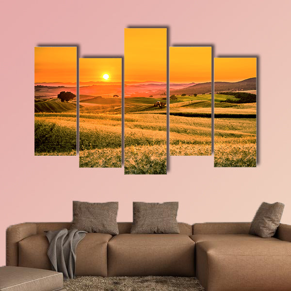 Golden sunset over Tuscan fields in Italy  multi panel canvas wall art
