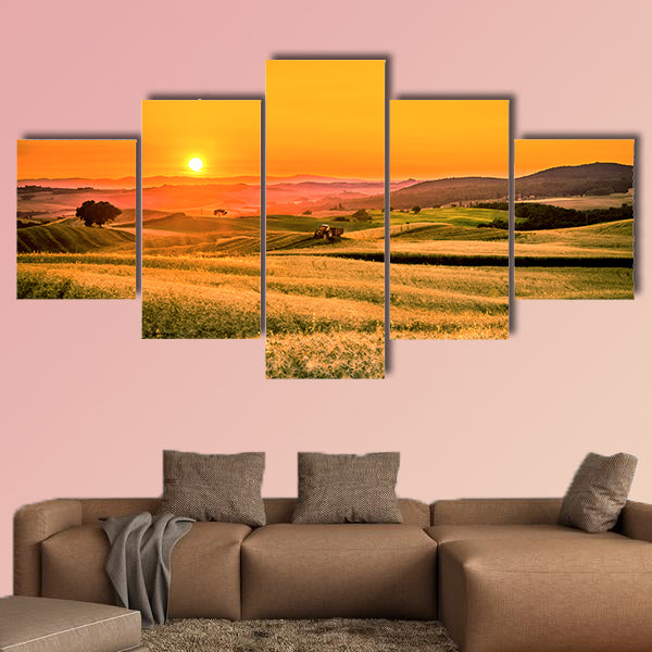 Golden sunset over Tuscan fields in Italy  multi panel canvas wall art