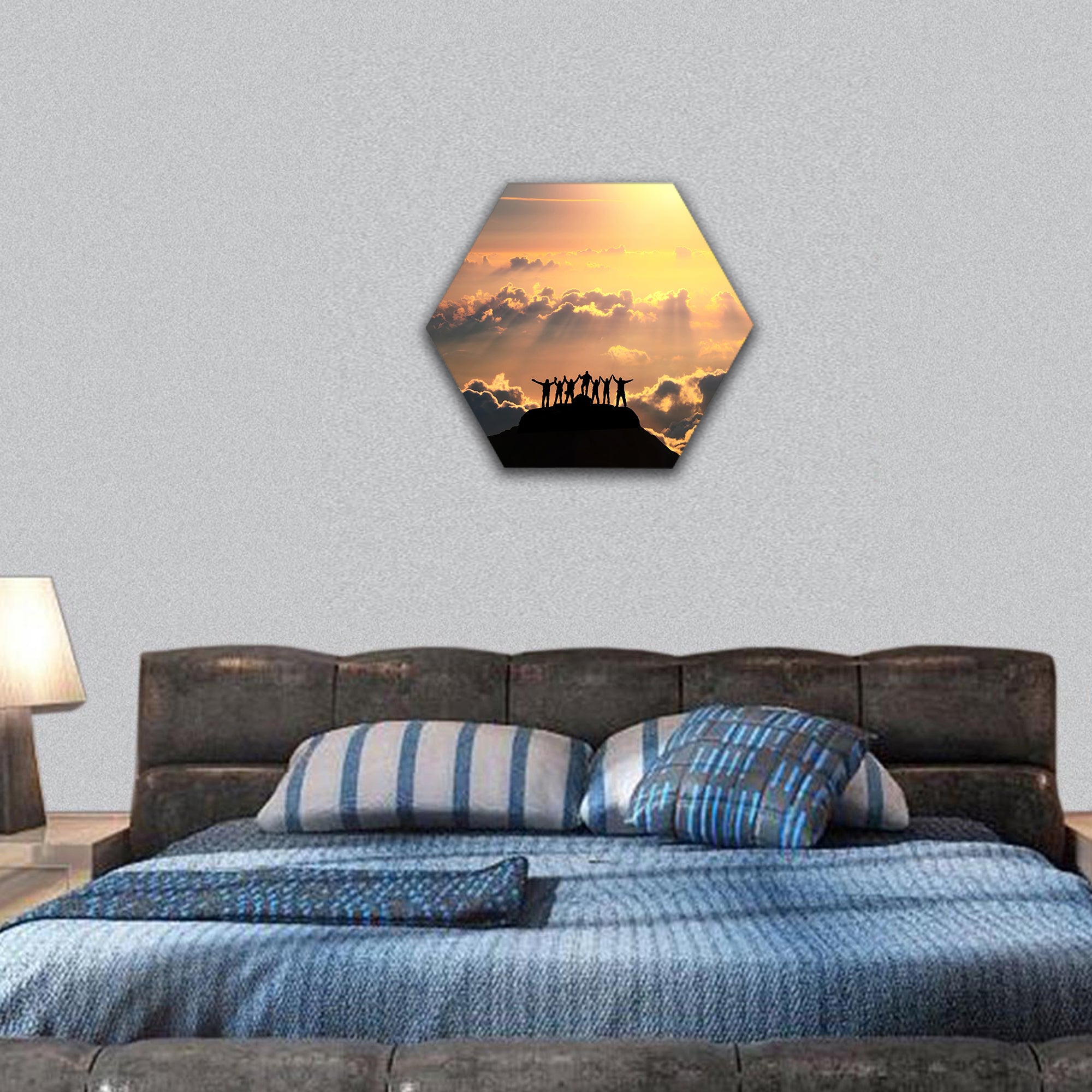 People stands on a hill over the beautiful cloudscape hexagonal canvas wall art
