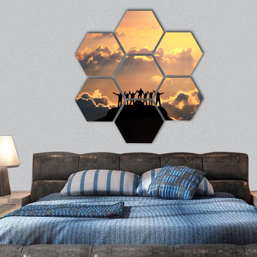 People stands on a hill over the beautiful cloudscape hexagonal canvas wall art