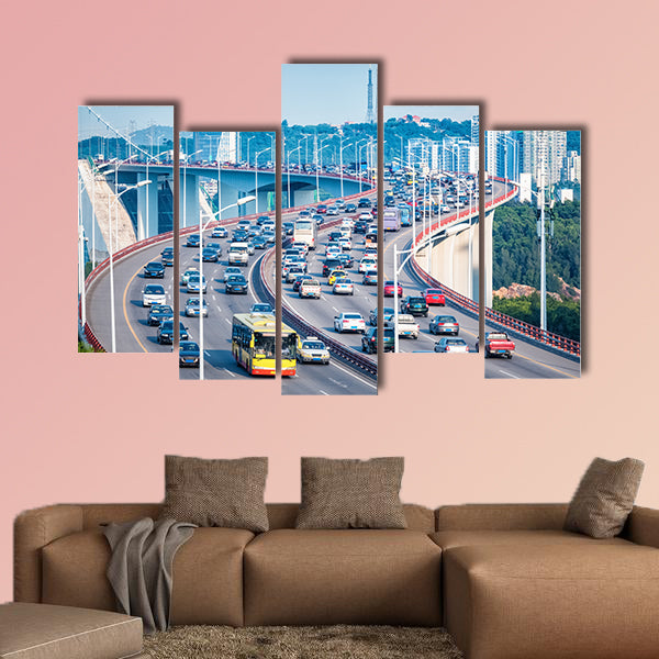 Heavy traffic close-up on bridge with graceful curve shape, canvas wall art