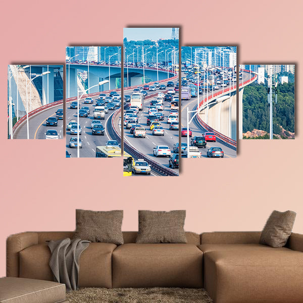 Heavy traffic close-up on bridge with graceful curve shape, canvas wall art