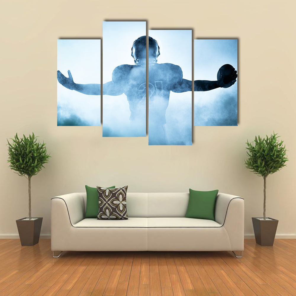 One American football player portrait in silhouette shadow on white background Multi panel canvas wall art