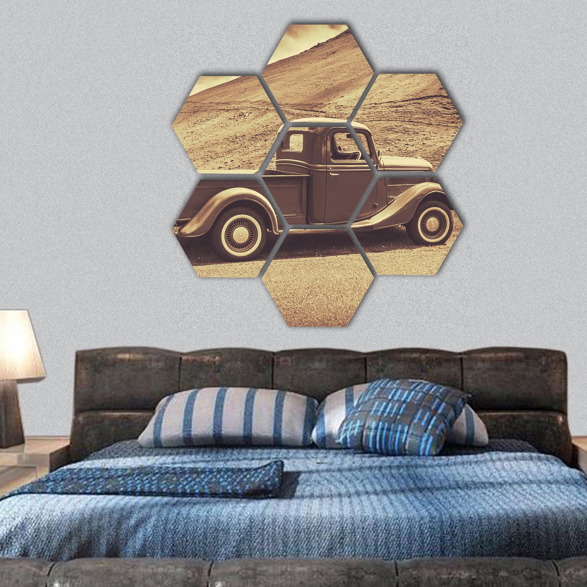 Retro Style Sepia Image Of Vintage Truck In Countryside hexagonal canvas wall art