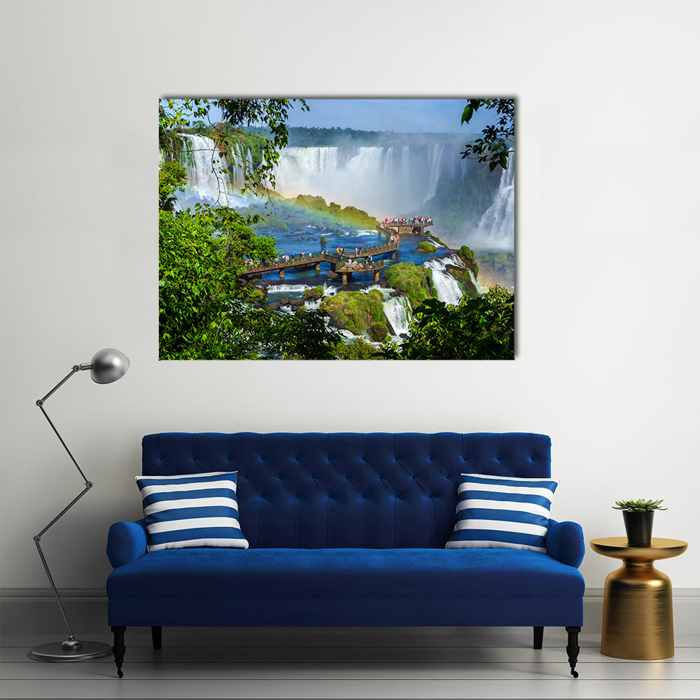 Iguazu Falls In The Border Of The Argentina Filled With Tourists, Multi Panel Canvas Wall Art
