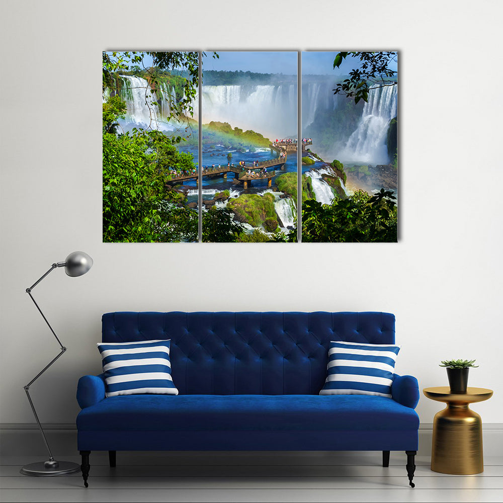 Iguazu Falls In The Border Of The Argentina Filled With Tourists, Multi Panel Canvas Wall Art