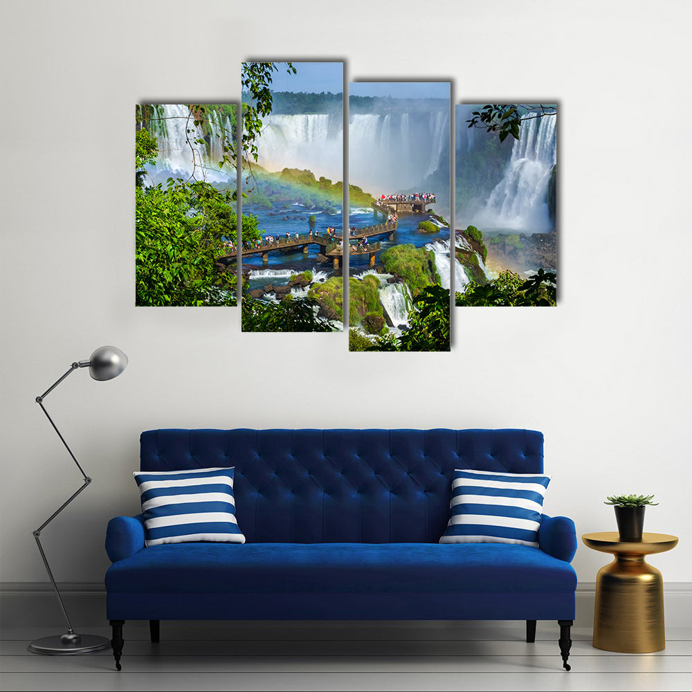 Iguazu Falls In The Border Of The Argentina Filled With Tourists, Multi Panel Canvas Wall Art