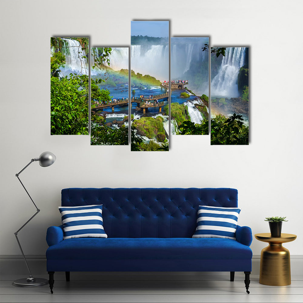 Iguazu Falls In The Border Of The Argentina Filled With Tourists, Multi Panel Canvas Wall Art