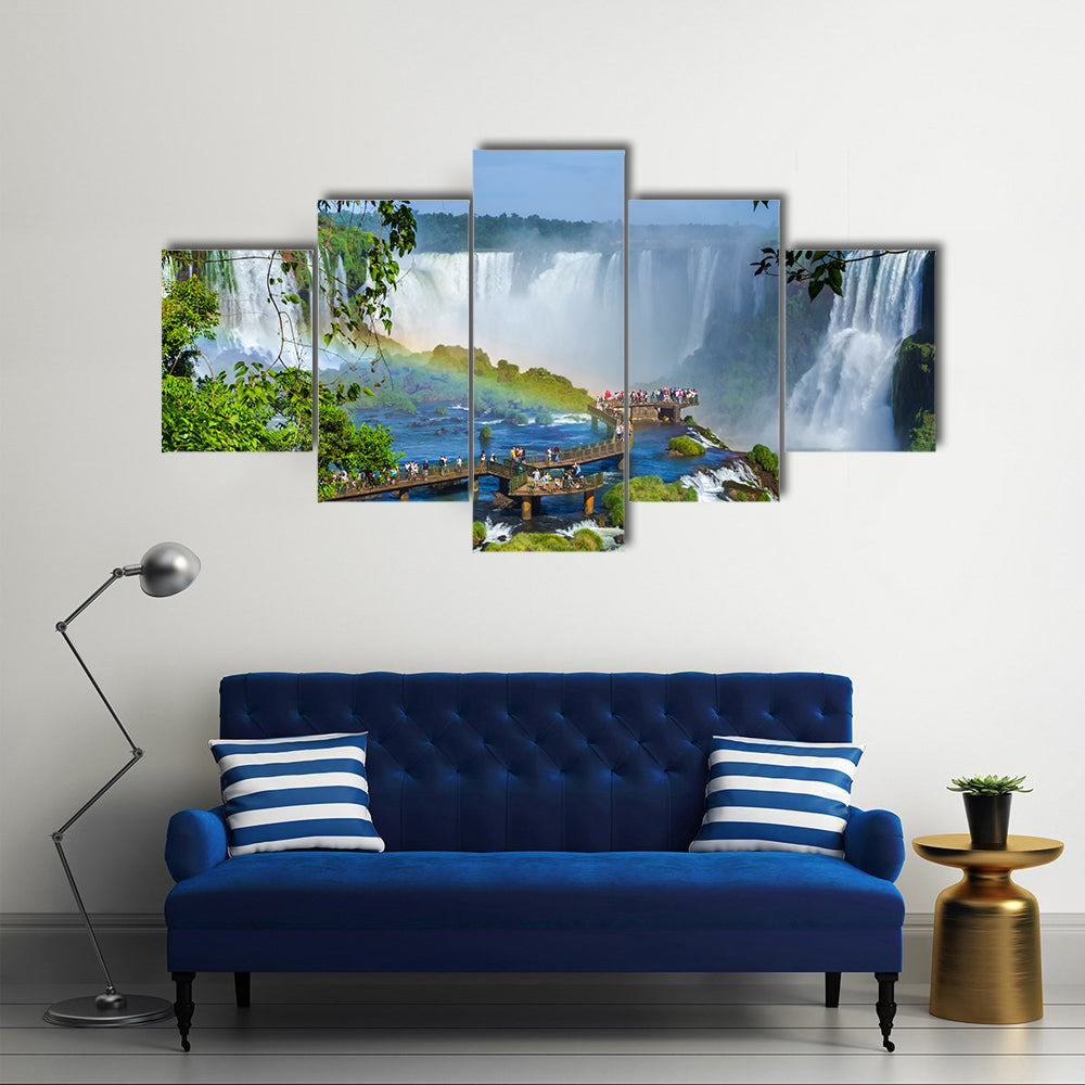 Iguazu Falls In The Border Of The Argentina Filled With Tourists, Multi Panel Canvas Wall Art