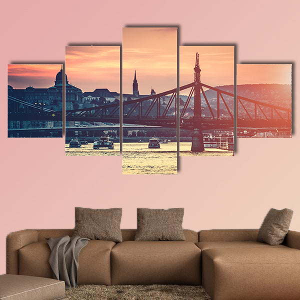 Evening view on Budapest from river to the bridge multi panel canvas wall art