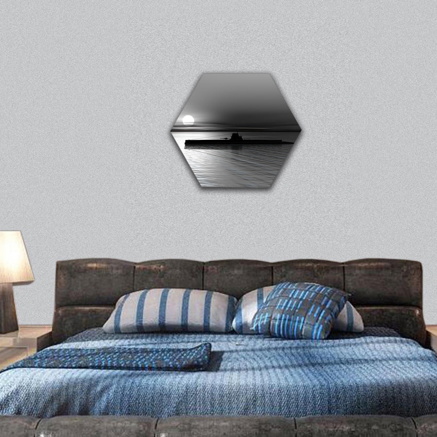 Submarine on a background of a sunset on the sea hexagonal canvas wall art