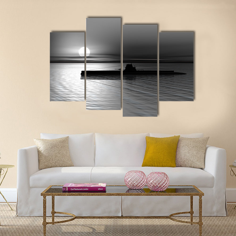 3D render of submarine on a background of a sunset on the sea Multi panel canvas wall art