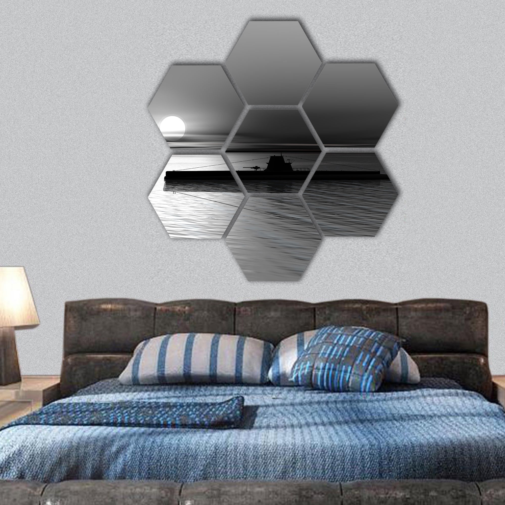 Submarine on a background of a sunset on the sea hexagonal canvas wall art