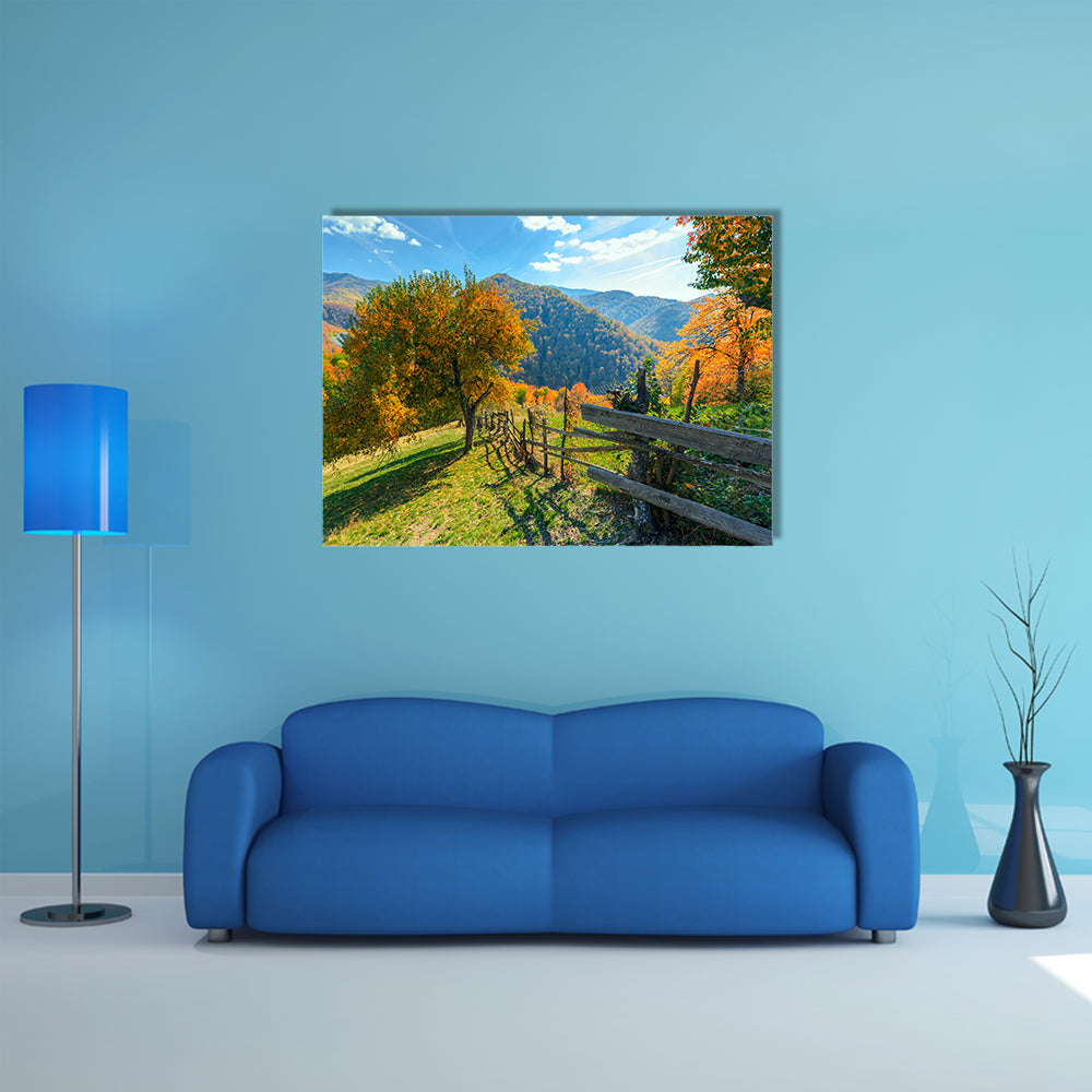 Colorful autumn landscape scene with fence in Transylvania mountain-Romania multi panel canvas wall art