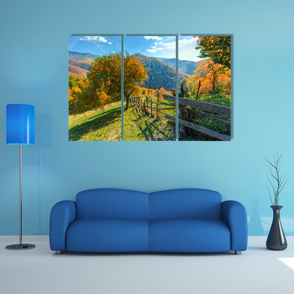Colorful autumn landscape scene with fence in Transylvania mountain-Romania multi panel canvas wall art