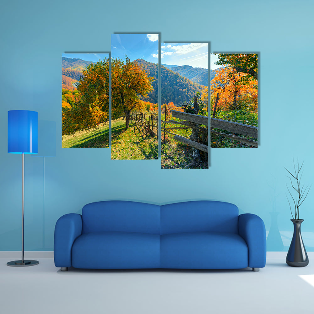 Colorful autumn landscape scene with fence in Transylvania mountain-Romania multi panel canvas wall art