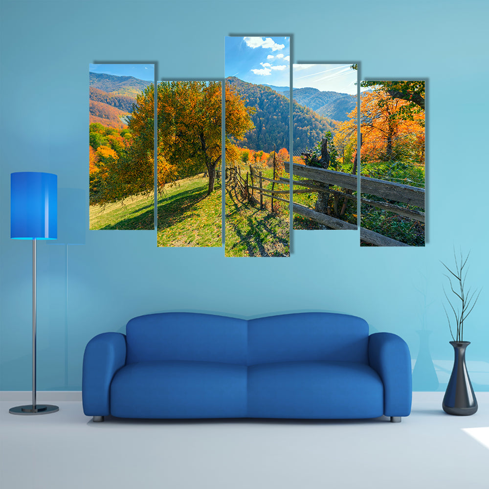 Colorful autumn landscape scene with fence in Transylvania mountain-Romania multi panel canvas wall art