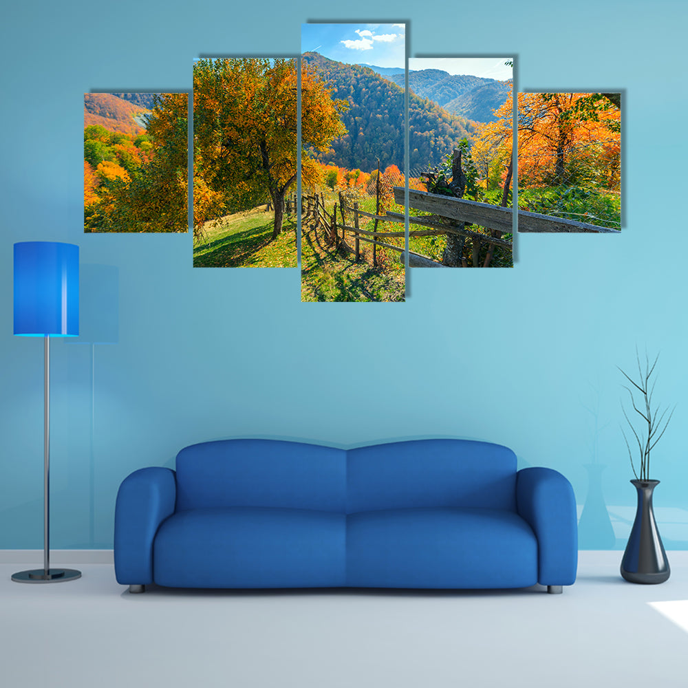 Colorful autumn landscape scene with fence in Transylvania mountain-Romania multi panel canvas wall art