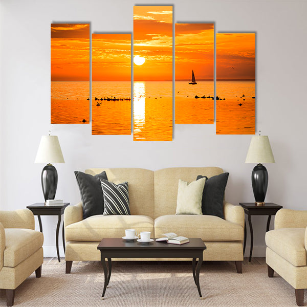 Sailing ship yachts in the sea near coastline of Tallinn Multi panel canvas wall art