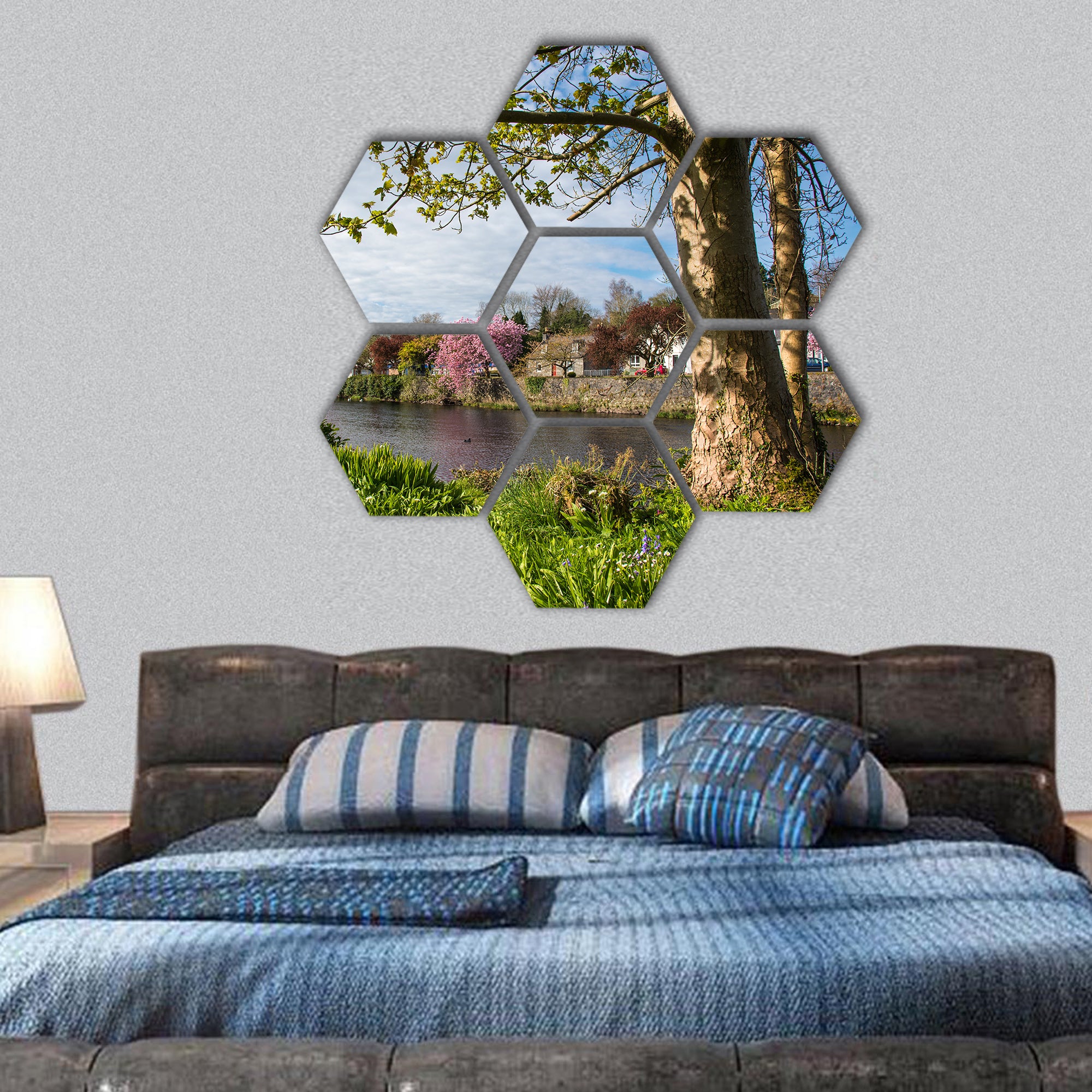 pretty banks of the River Cree in Newton Stewart hexagonal canvas wall art