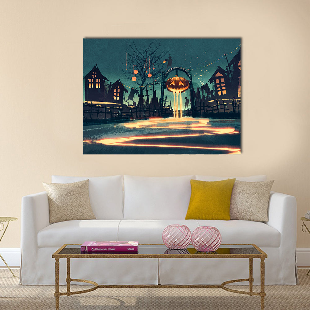 Halloween night with pumpkin and haunted houses illustration painting multi panel canvas wall art
