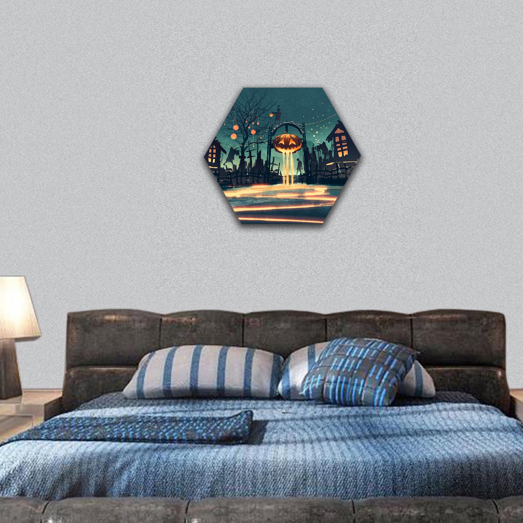 Halloween night with pumpkin and haunted houses hexagonal canvas wall art