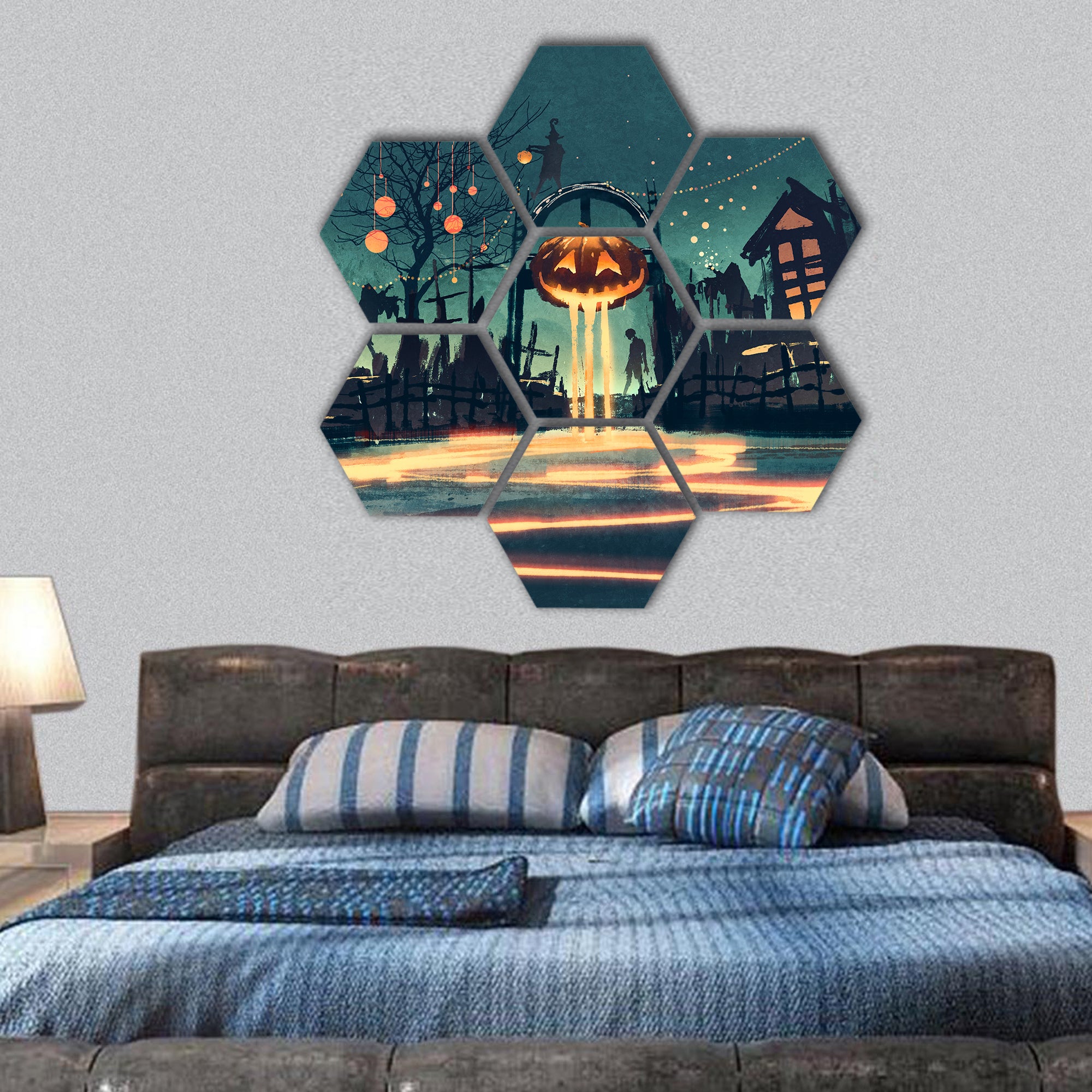 Halloween night with pumpkin and haunted houses hexagonal canvas wall art