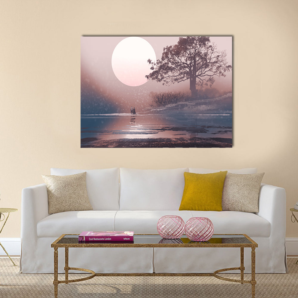 Love couple in winter landscape with huge moon above Multi Panel Canvas Wall Art